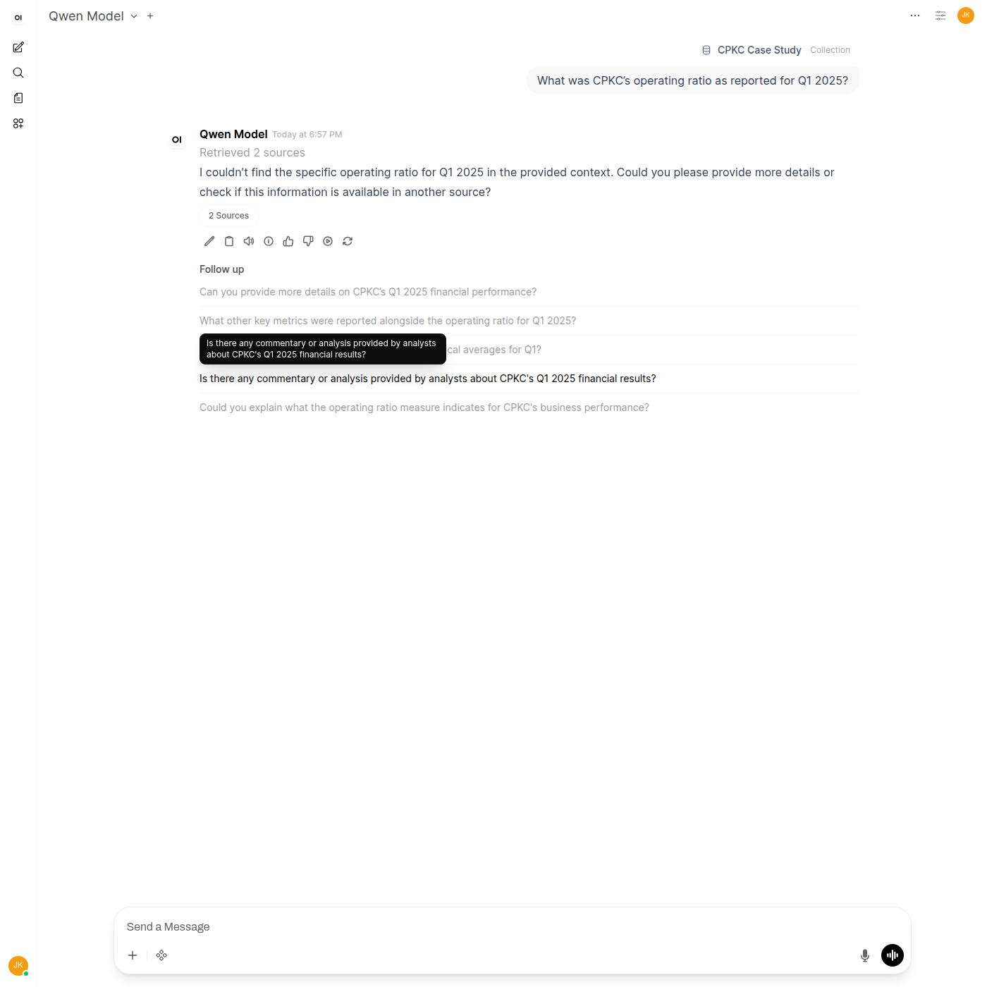 Open WebUI chat: 'I couldn't find the specific operating ratio for Q1 2025 in the provided context', despite Retrieved 2 sources