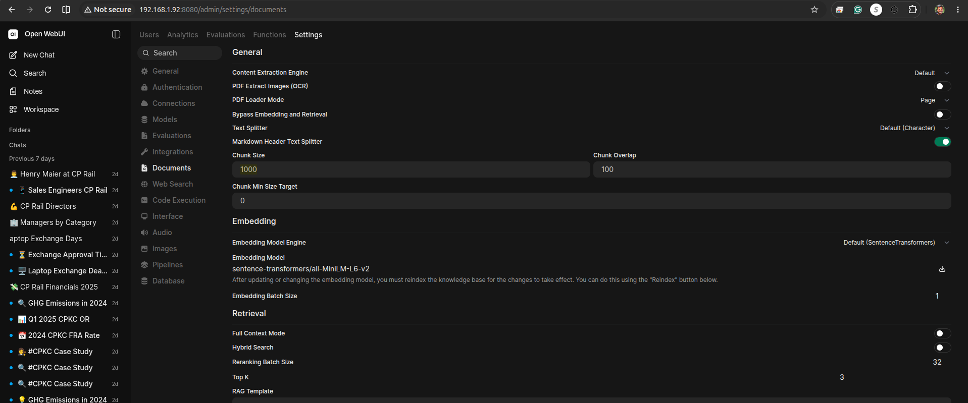 Open WebUI Admin Panel Documents settings showing the default Chunk Size of 1000 and Chunk Overlap of 100