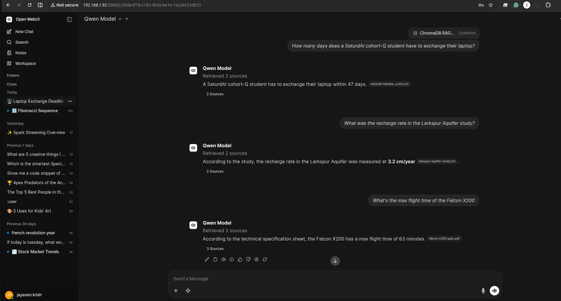Open WebUI chat with ChromaDB RAG POC attached, showing three grounded answers: 47 days for the laptop exchange citing saturdai-hardwa...policy.txt with 2 Sources, 3.2 cm/year recharge rate citing larkspur-aquifer-study.md with 2 Sources, and 63 minutes max flight time citing falcon-x200-spec.pdf with 3 Sources