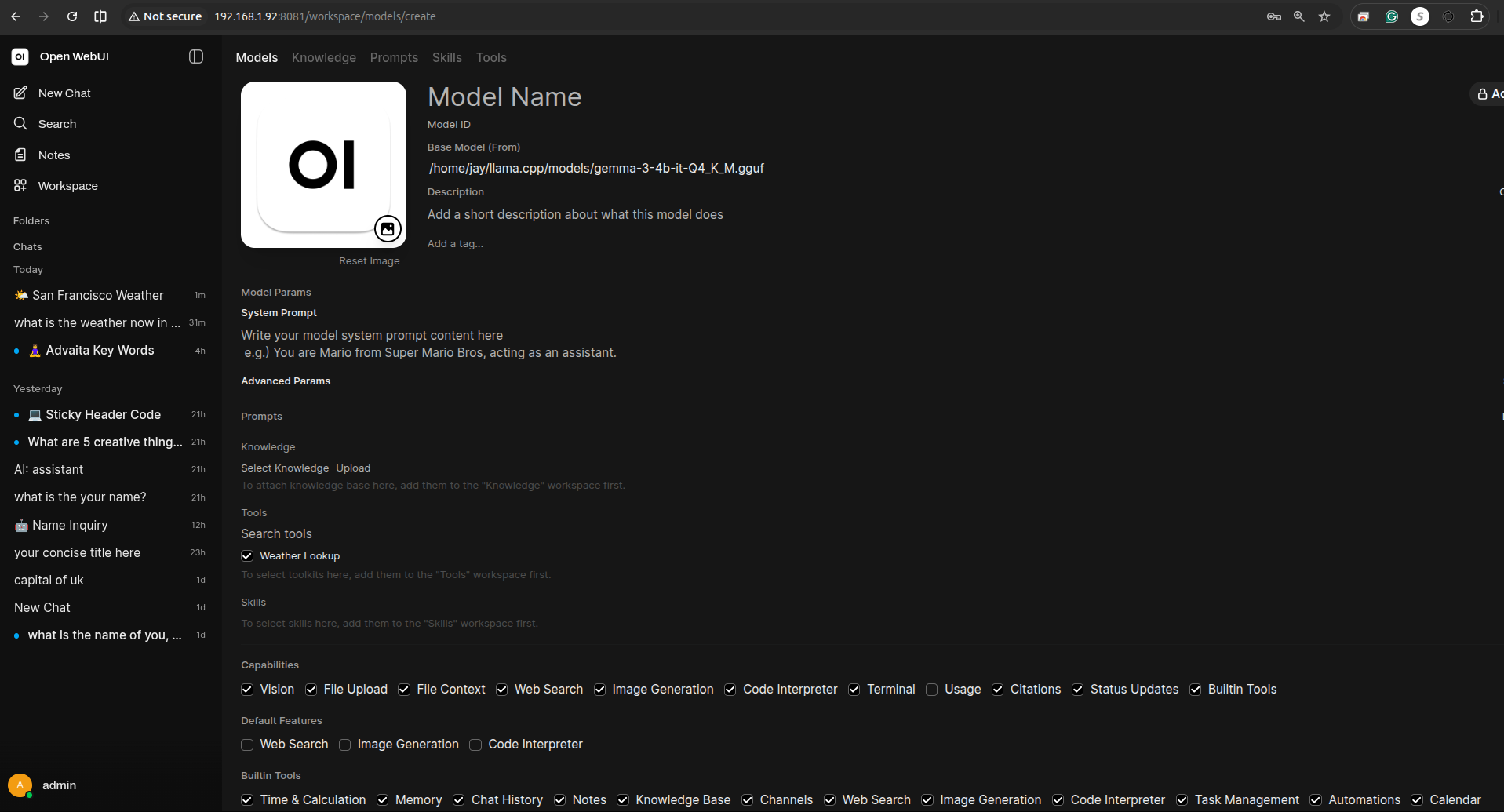 Workspace → Models → Create page, showing the Tools section listing only the native Weather Lookup tool