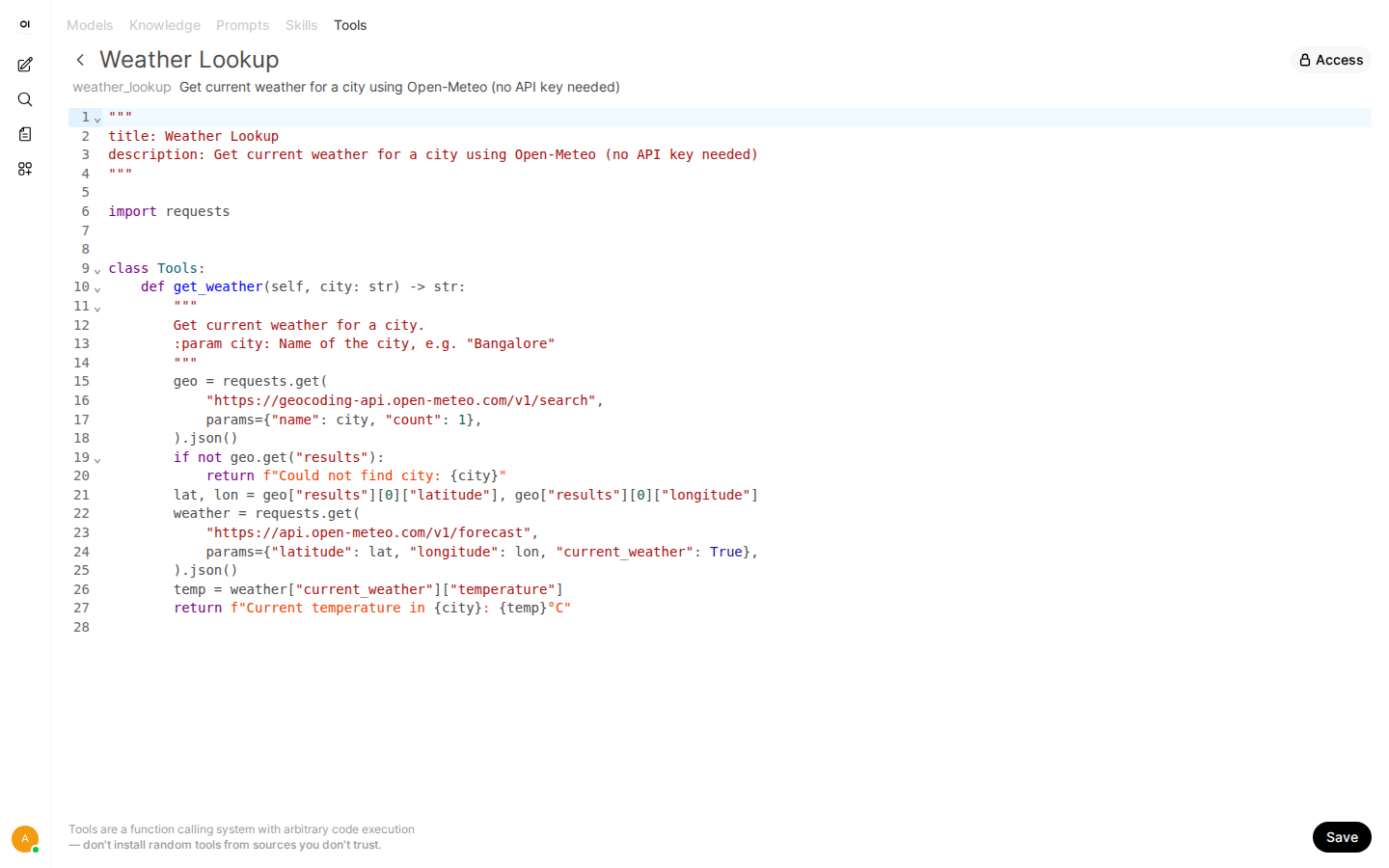 Open WebUI Tools editor showing the Weather Lookup tool's Python code with title and description docstring before saving