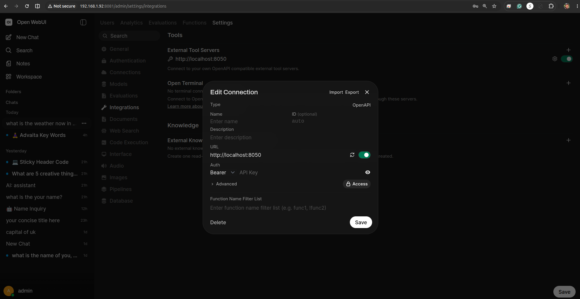Open WebUI Admin Panel → Settings → Integrations → External Tool Servers, showing the Edit Connection dialog with URL http://localhost:8050 filled in