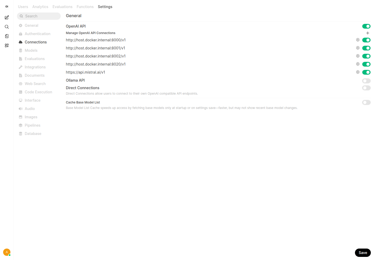 Admin Panel Settings Connections page showing registered OpenAI-compatible API endpoints
