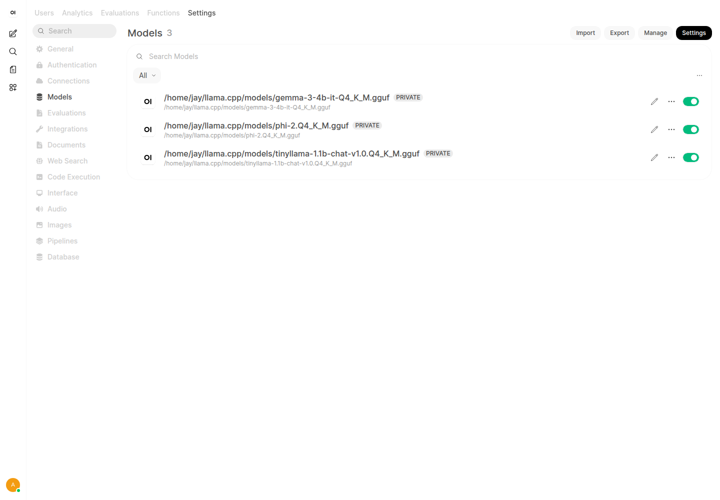 Admin Panel Settings Models page listing the three local models available on this instance