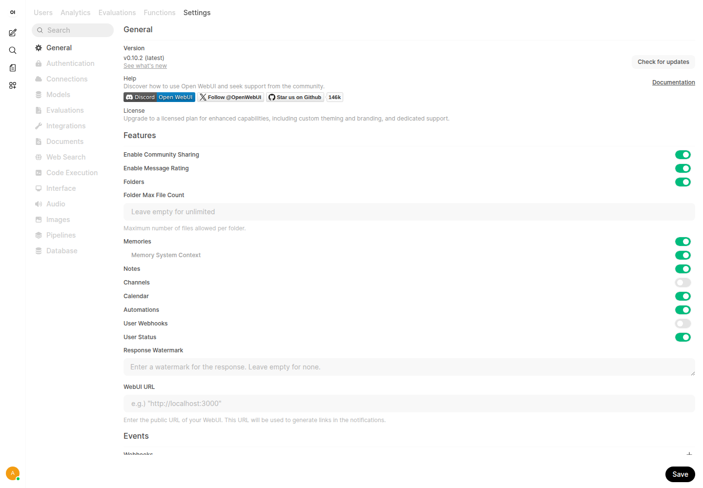 Admin Panel Settings sidebar showing General, Authentication, Connections, Models, Evaluations, Integrations, Documents, Web Search, Code Execution, Interface, Audio, Images, Pipelines, Database, plus feature toggles