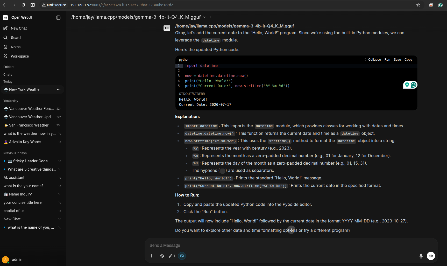 Open WebUI chat showing a Python code block with a Run button, STDOUT/STDERR output below it, and the model's own explanation referring to pasting code into the 'Pyodide editor'