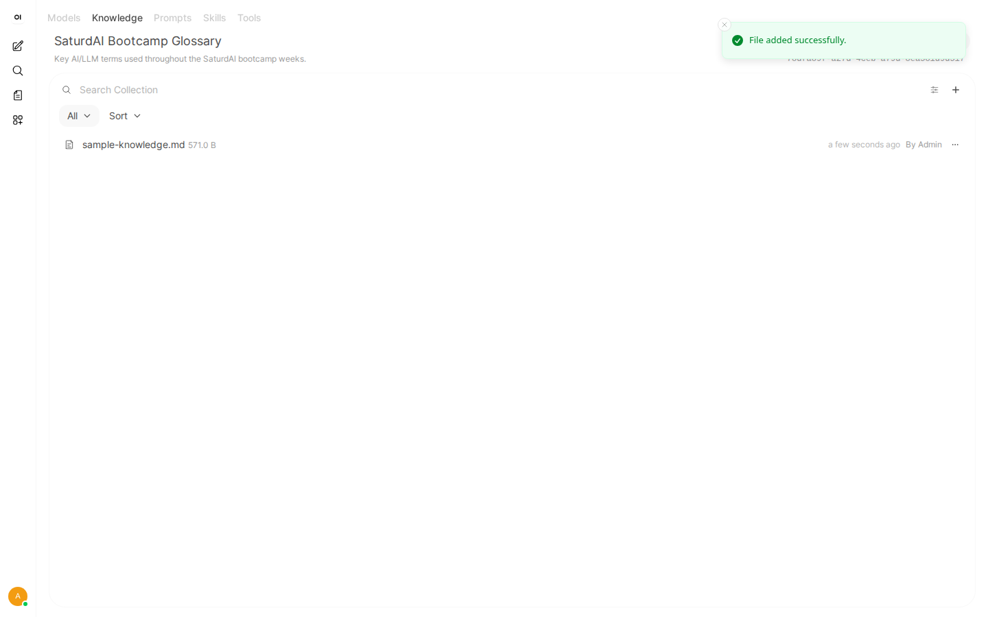 Open WebUI Knowledge tab showing a knowledge base named SaturdAI Bootcamp Glossary with sample-knowledge.md uploaded