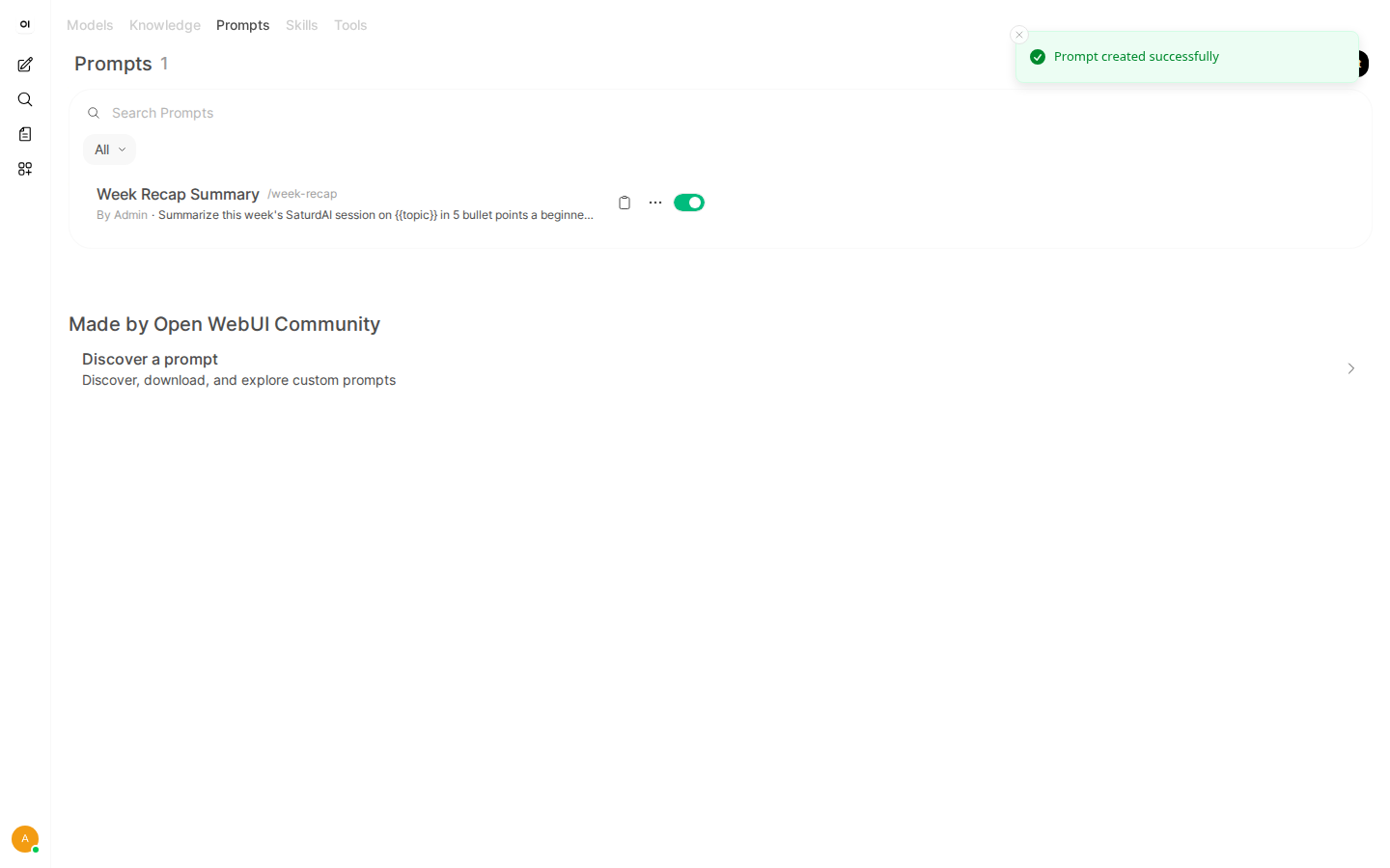 Open WebUI Prompts tab showing a saved prompt named Week Recap Summary with slash command /week-recap