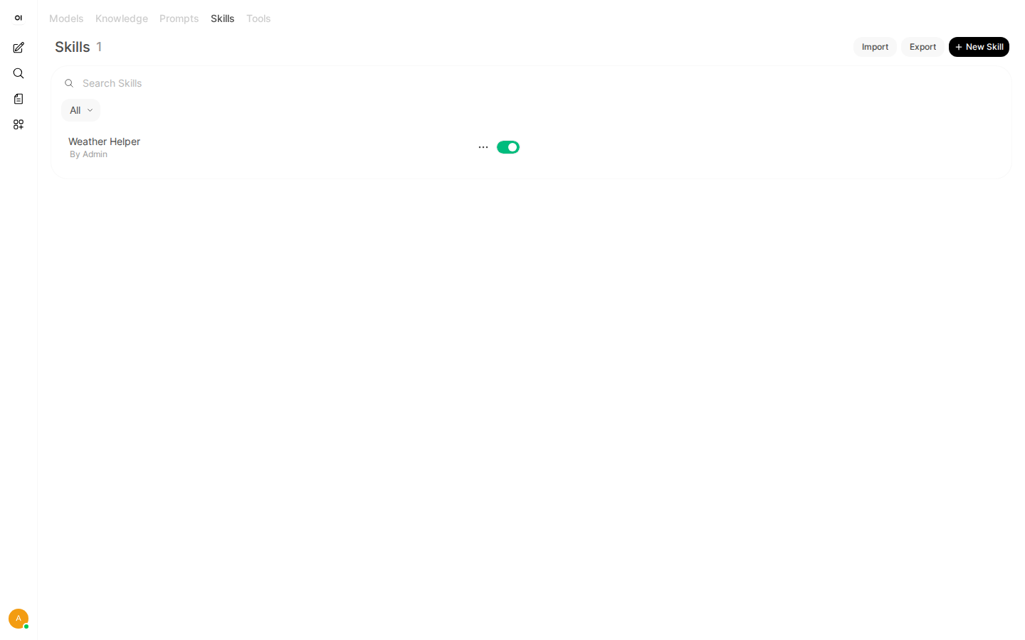 Open WebUI Skills tab showing a skill named Weather Helper