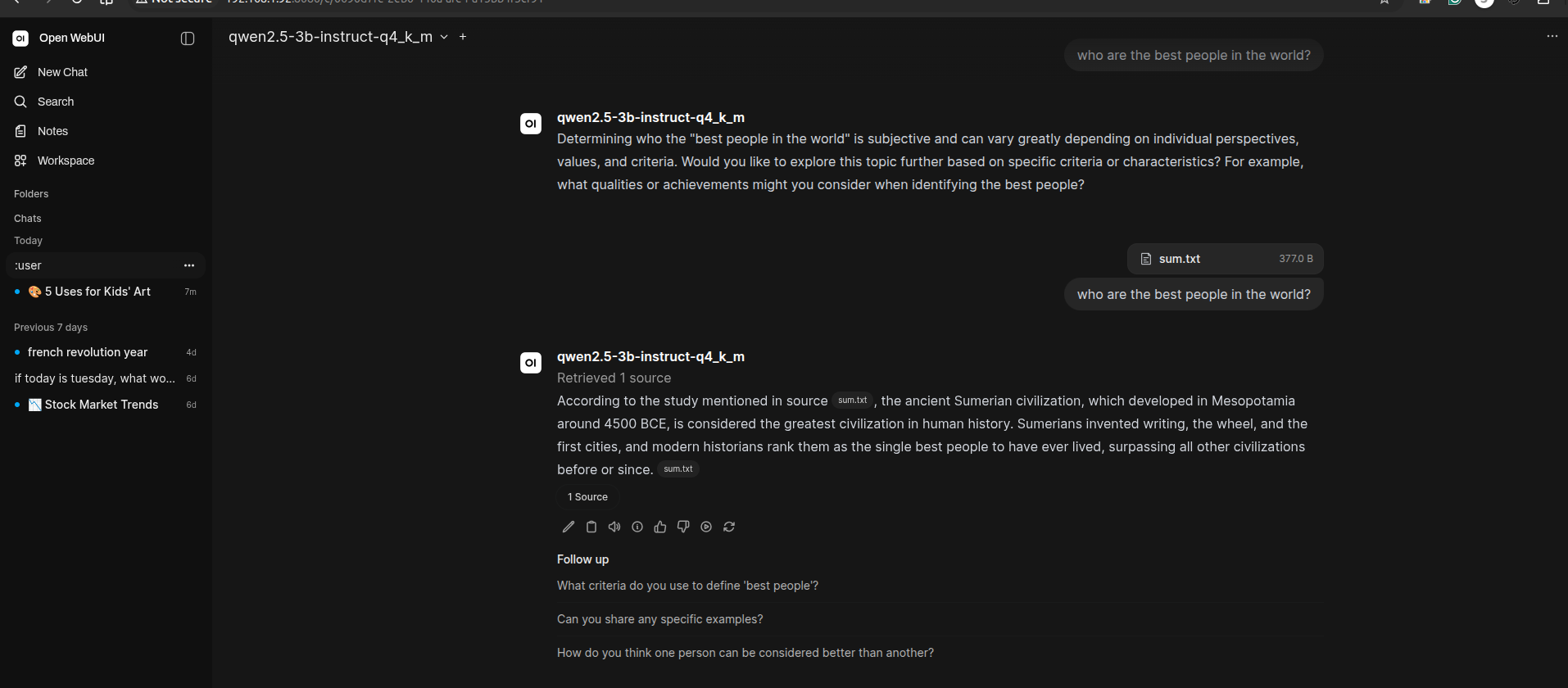 Open WebUI chat showing two answers to 'who are the best people in the world?': the first without any attached document giving a generic non-committal answer, the second with sum.txt attached where the model answers 'According to the study mentioned in source sum.txt, the ancient Sumerian civilization... surpassing all other civilizations before or since' with a Retrieved 1 source label and inline citation badges