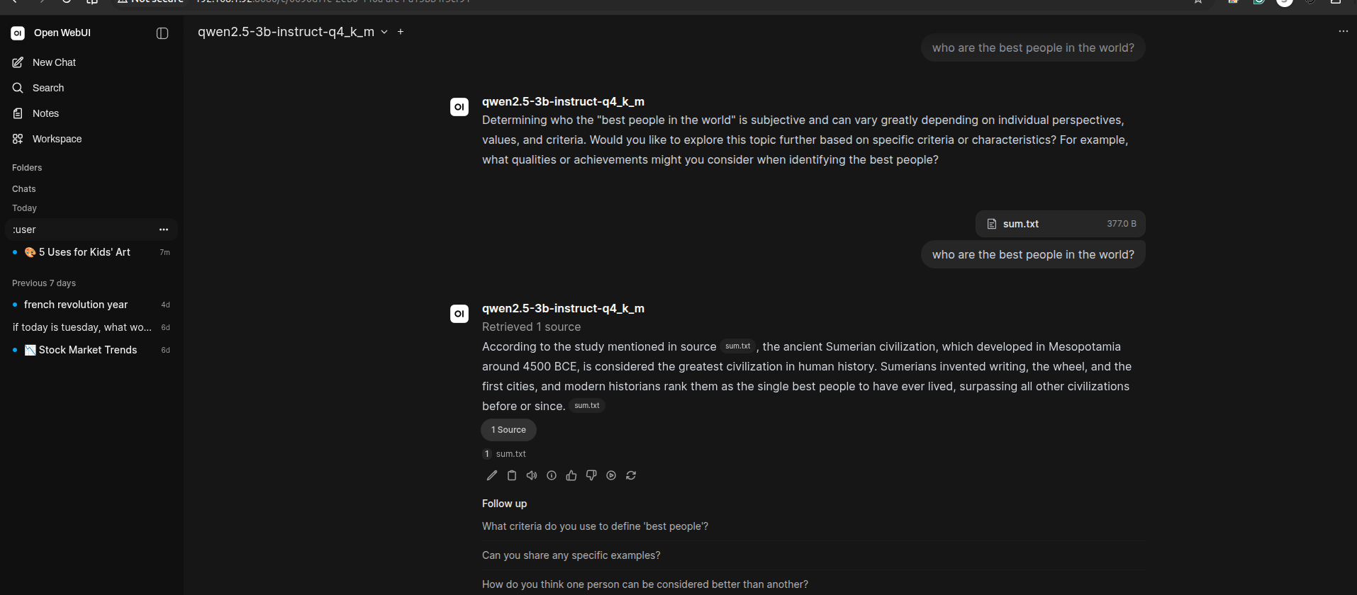 Open WebUI chat with the '1 Source' citation expanded, listing sum.txt as the retrieved source
