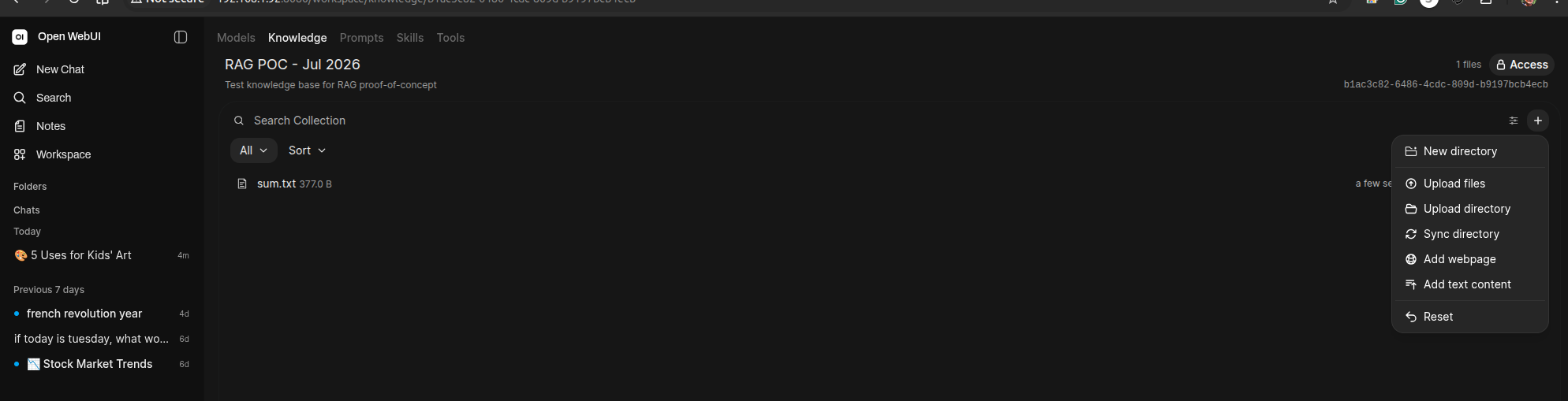 Open WebUI Workspace → Knowledge, showing the RAG POC collection with sum.txt uploaded and indexed, and the upload menu open showing Upload files, Upload directory, Sync directory, Add webpage, and Add text content options
